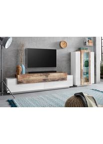 Wohnwand Home Affaire "Coro, Anbauwand, Medienwand", wei&szlig; (wei&szlig; hochglanz, ahorn), B:280cm, Glas, Holzwerkstoff, Kastenm&ouml;bel-Sets, Wohnwand, Lowboard 4 F&auml;cher, Breite 200cm und Vitrine 3 T&uuml;ren, Breite 80cm