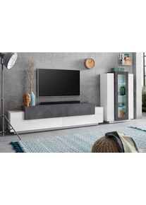 Wohnwand Home Affaire "Coro, Anbauwand, Medienwand", wei&szlig; (wei&szlig; hochglanz, schiefer), B:280cm, Glas, Holzwerkstoff, Kastenm&ouml;bel-Sets, Wohnwand, Lowboard 4 F&auml;chern Breite 200 und Vitrine 3 T&uuml;ren Breite 80