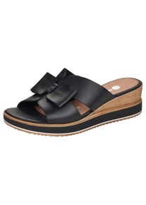 Pantolette Remonte, Damen, Gr. 39, schwarz (schwarz, beige), Leder, Schuhe Pantolette, Keilabsatz, Sommerschuh mit sch&ouml;ner Zierschleife