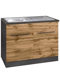 Sp&uuml;lenschrank KOCHSTATION "KS-Tulsa", braun (wotaneiche), B:100cm H:85cm T:60cm, Schr&auml;nke, Sp&uuml;lenschrank, 100 cm breit, 2 T&uuml;ren, Metallgriff, MDF Front, inkl. Einbausp&uuml;le