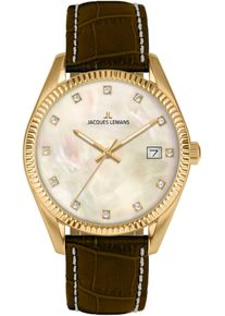 Quarzuhr Jacques Lemans "Derby", schwarz (dunkelbraun), Armbanduhren, Damen, Quarzuhr, Armbanduhr, Damen, analog, Datum, Perlmutt-Zifferblatt, Lederarmband