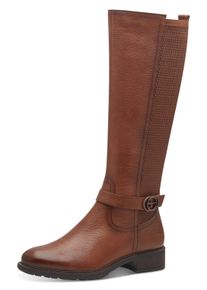 Stiefel Tamaris, Damen, Gr. 38, XS-Schaft, braun (cognac), Leder, Lederimitat, unifarben, used, Schuhe Stiefel, Blockabsatz, Langschaftstiefel mit XS-Schaft und Stretchfunktion