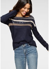 Strickpullover Laura Scott, Damen, Gr. 44, blau (marine, beige, gestreift), Feinstrick, Obermaterial: 70% Viskose, 30% Polyamid, Glitzermuster, bedruckt, gestreift, kontrastfarbene Details, figurumspielend h&uuml;ftbedeckend, Rundhals, Pullover Strickpullover, in Streifen-Design mit Glitzersteinen
