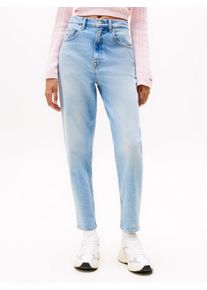 Mom-Jeans Tommy Jeans "MOM JEAN UH TPR", Damen, Gr. 33, L&auml;nge 28, blau (denim light), Denim/Jeans, Obermaterial: 81% Baumwolle, 18% Lyocell, 1% Elasthan, unifarben, regular fit kn&ouml;chelfrei, Jeans Mom-Jeans, mit Logo-Stickereien, in kn&ouml;chelfreier L&auml;nge