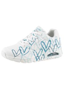 Skechers, Damen, Wedgesneaker &raquo;UNO-SPREAD THE LOVE&laquo; Freizeitschuh, Halbschuh, Schn&uuml;rschuh mit coolem Graffiti-Print, wei&szlig;-t&uuml;rkis, 37, Mit farbenfrohen