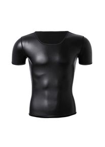 Leather Shirts for Young Men -High-end Short Sleeved Round neck Coat for Men- Motorcycle Style Shaper-Cool Male Trendy Shapewear