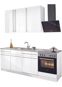 Wiho-K&uuml;chen K&uuml;chenzeile WIHO K&Uuml;CHEN "Chicago, TOPSELLER", wei&szlig; (k&uuml;che: wei&szlig;, korpus: wei&szlig;, arbeitsplatte: canvas grau), B:220cm T:60cm, Komplettk&uuml;chen-Sets, K&uuml;chenzeile, mit E-Ger&auml;ten, Breite 220 cm