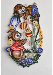 Fensterdekoration Stickereien Plauen "Fensterbild Osterhasen", bunt, B:19cm H:31cm T:0,5cm, Polyester, Fensterbilder, Fensterdekoration, Plauener Spitze
