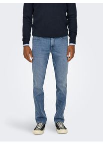 Only & Sons Slim-fit-Jeans ONLY & SONS "ONSLOOM SLIM LBD 8263 AZG DNM NOOS", Damen, Gr. 31, L&auml;nge 32, blau (light blau denim), Denim/Jeans, Obermaterial: 50% Baumwolle, 30% Polyester, 18% Viskose, 2% Elasthan, Abriebeffekte, schmal kn&ouml;chellang, Jeans Slim-fit-Jeans