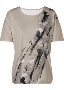 Dames Shirt met print en elastiek in de zoom in zand/zwart bedrukt ,maat 38, WITT, 92% Polyester, 8% Elastan