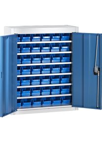 Mauser Magazijnkast met magazijnbakken, h x b x d = 820 x 680 x 280 mm, tweekleurig, kastframe grijs, deuren blauw, 42 bakken, vanaf 3 stuks