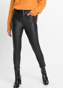 Stretch-Hose bonprix, Damen, Gr. 50, N-Gr, schwarz, Web, Obermaterial: 73% Viskose, 23% Polyamid, 4% Elasthan. Beschichtung: 100% Polyurethan, slim fit, Hosen Stretch-Hose, mit Lederoptik, Slim Fit Passform, mit Push-up Effekt