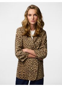 Blusenblazer Pieces "PCBOSELLA 3/4 PRINTED BLAZER NOOS", Damen, Gr. XL, braun (natural aop:leo), Web, Obermaterial: 98% Polyester, 2% Elasthan, gemustert, kontrastfarbene Details, mehrfarbig, figurumspielend h&uuml;ftbedeckend, V-Ausschnitt, Blazer Blusenblazer, mit 3/4 &Auml;rmel
