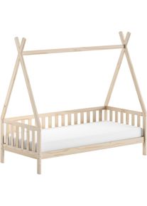 Massivholzbett Vipack "mit Tipi Dach, seitlich und hinten mit Sprossenumrandung", natur, natur, natur, B:98cm H:189,3cm L:206cm, Betten, Massivholzbett, Korpus aus massiver Kiefer, natur lackiert