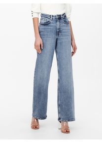 High-waist-Jeans Only "ONLJUICY HW WIDE LEG", Damen, Gr. 31, L&auml;nge 32, blau (medium blau denim), Denim/Jeans, Obermaterial: 99% Baumwolle, 1% Elasthan, Abriebeffekte, Jeans High-waist-Jeans