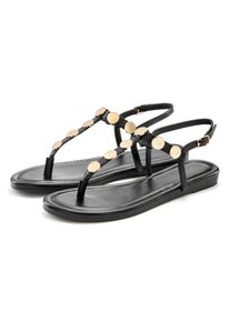 Sandale Vivance "Sommerschuh, offener Schuh, Sandalette", Damen, Gr. 42, schwarz, Obermaterial: 100% Lederimitat. Decksohle: 100% Lederimitat. Futter: 100% Lederimitat. Laufsohle: 100% Synthetik, gl&auml;nzend, unifarben, Basic, Schuhe Sandale, mit goldfarbenen Schmuckelementen VEGAN