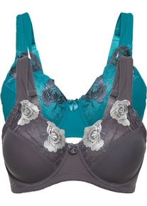 Minimizer-BH bonprix, Damen, Gr. 105, Cup G, blau (kobaltt&uuml;rkis, grau gebl&uuml;mt), Obermaterial: 80% Polyamid, 20% Elasthan. Futter: 83% Polyamid, 17% Elasthan, kontrastfarbene Details, unifarben, BHs Minimizer-BH, im praktischen Zweierpack mit Tr&auml;gern