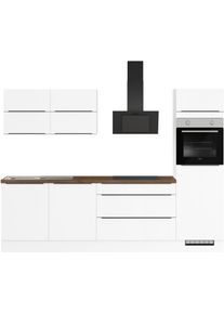 K&uuml;chenzeile IMPULS K&Uuml;CHEN "Toledo", Ausrichtung w&auml;hlbar, Schubk&auml;sten mit Soft-Close", wei&szlig; (k&uuml;che: wei&szlig;, korpus: wei&szlig;, arbeitsplatte: oregon eiche, nachbildung), B:280cm H:206,2cm T:60cm, Komplettk&uuml;chen-Sets, K&uuml;chenzeile, vormontiert, wahlweise mit E-Ger&auml;ten, Breite 280 cm