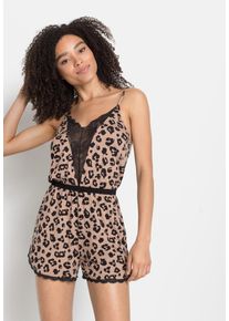 Kurzoverall Lascana, Damen, Gr. 36, N-Gr, braun (braun, schwarzer leoprint), Single Jersey, Obermaterial: 95% Viskose, 5% Elasthan, bedruckt, figurumspielend kurz, tiefer V-Ausschnitt, Overalls Kurzoverall, mit sch&ouml;nen Spitzendetails