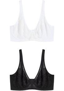 Minimizer-BH bonprix, Damen, Gr. 95, Cup F, wei&szlig;, schwarz, Obermaterial: 80% Polyamid, 20% Elasthan. Netzfutter: 90% Polyamid, 10% Elasthan. Spitze: 90% Polyamid, 10% Elasthan, BHs Minimizer-BH, mit B&uuml;gel, mit Spitze und transparenten Details