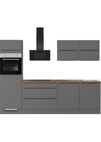 K&uuml;chenzeile IMPULS K&Uuml;CHEN "Toledo", Ausrichtung w&auml;hlbar, Schubk&auml;sten mit Soft-Close", grau (k&uuml;che: grau, korpus: grafitfarben, arbeitsplatte: oregon eiche, nachbildung), B:280cm H:206,2cm T:60cm, Komplettk&uuml;chen-Sets, K&uuml;chenzeile, vormontiert, wahlweise mit E-Ger&auml;ten, Breite 280 cm