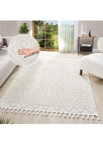 Teppich OTTO HOME "Ribeyret" Gr. 4, beige (creme), B:160cm H:11mm L:230cm, Kunstfaser, Teppiche, Teppich, mit Fransen, Hoch-Tief-Struktur, Woll-Look, Boho-Style, Wohnzimmer