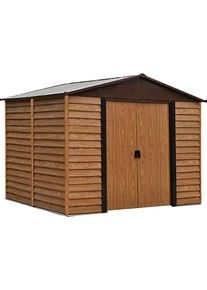 Ger&auml;tehaus Pergart "Frankfurt II 1112", braun (holzfarben), Metall, Ger&auml;teh&auml;user, Ger&auml;tehaus, Metall, mit Satteldach und integrierter Schiebet&uuml;r im Blockhausstil