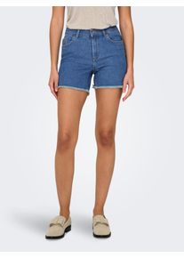 Jeansshorts Only "ONLLAURA MID WAIST SHORT RW BOX", Damen, Gr. XL (42), N-Gr, blau (medium blau denim), Denim/Jeans, Obermaterial: 80% Baumwolle, 19% Polyester, 1% Elasthan, unifarben, regular fit kurz, Jeans Jeansshorts, mit ausgefranstem Saum