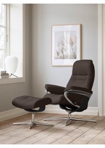 Relaxsessel STRESSLESS "Sunrise", braun (braun batick), B:79cm H:103cm T:73cm, Leder BATICK: BATICK ist ein leicht korrigiertes, durchgef&auml;rbtes und genarbtes M&ouml;belleder, bei dem die meisten Unebenheiten und Spuren in der Regel entfernt wurden., Sessel, Relaxsessel, mit Hocker, mit Cross Base, Gr&ouml;&szlig;e S, M & L, Holzakzent Schwarz