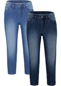 Caprijeans bonprix, Damen, Gr. 54, N-Gr, blau denim, dunkelblau denim used (l&auml;nge: regul&auml;r), Denim/Jeans, Obermaterial: 82% Baumwolle, 17% Polyester, 1% Elasthan, slim fit, Jeans Caprijeans, Slim Fit, 3/4-L&auml;nge, aus Stretch-Material