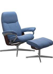 Relaxsessel stressless "Consul", blau (lazuli blau), B:78cm H:97cm T:70cm, Sessel, Relaxsessel, mit Hocker, mit Cross Base, Gr&ouml;&szlig;e S, M & L, Holzakzent Braun