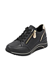 Keilsneaker Remonte, Damen, Gr. 45, gold (schwarz, goldfarben), Leder, Lederimitat, unifarben mit Farbeinsatz, Schuhe Keilsneaker, Freizeitschuh, Halbschuh, Schn&uuml;rschuh mit Rieker TEX-Membran