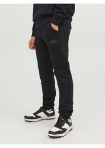 Jack & Jones Sweathose JACK & JONES JUNIOR "JPSTGORDON JJNEWSOFT SWEAT PANT NOOS JNR", Jungen, Gr. 140, N-Gr, schwarz (schwarz print:tonal), Jersey, Obermaterial: 70% Baumwolle, 30% Polyester, bedruckt, slim fit kn&ouml;chellang, Hosen Sweathose