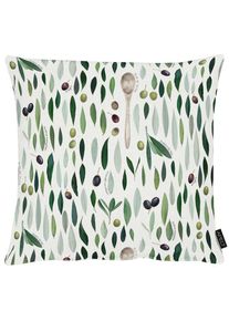 Apelt, Dekokissen &raquo;7007&laquo; mit Olivendesign, gr&uuml;n / natur + bedruckt, Obermaterial: 75% Baumwolle, 25% Polyester. F&uuml;llung: 100% Polyester, B/L: 48 cm x 
