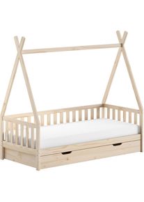 Vipack, Massivholzbett &raquo;mit Tipi Dach, seitlich und hinten mit Sprossenumrandung&laquo; Liegefl&auml;che 90/200 cm mit Rollattenrost und Bettschublade auf Rollen