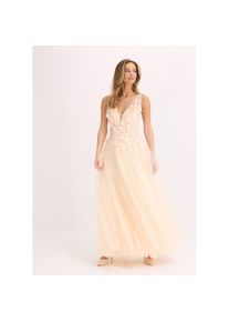 bonprix, Damen, Maxikleid f&uuml;r festliche Anl&auml;sse, aus T&uuml;ll mit floraler Applikation, Maxi-L&auml;nge, champagner, 36 - N-Gr, &Auml;rmellos f&uuml;r ein luftiges 