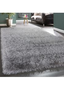 Paco Home, Hochflor-Teppich &raquo;Glamour 300&laquo; rechteckig 70 mm H&ouml;he Uni Farben, mit weichem Glanz Garn, auch als L&auml;ufer erh&auml;ltlich, grau, Polyester, B : 
