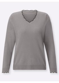 Damen V-Ausschnitt-Pullover mit gewelltem Abschluss in steingrau ,Gr&ouml;&szlig;e 44, WITT, 100% Polyacryl