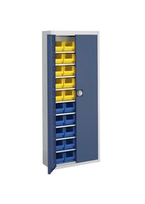 Mauser Magazijnkast met magazijnbakken, h x b x d = 1740 x 680 x 280 mm, tweekleurig, kastframe grijs, deuren blauw, 40 bakken