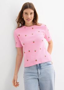 bonprix Femei Tricou ripsat cu broderie, din bumbac organic 100%, roz, 36/38