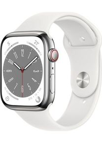 Apple Watch Series 8 Nerezov&aacute; oceľ 45 mm (2022) | GPS + Cellular | strieborn&aacute; | &scaron;portov&yacute; remienok biely