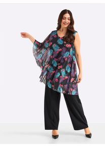 sheego Damen Jumpsuit mit asymmetrischem Cape in schwarz-erdbeere-bedruckt ,Gr&ouml;&szlig;e 46, Witt, 70% Viskose, 27% Polyester, 3% Elasthan. Georgette: 96% Polyester