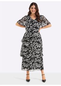 sheego Damen Chiffonkleid mit drapierten Volants in schwarz-wei&szlig;-gemustert ,Gr&ouml;&szlig;e 58, Witt, 100% Polyester