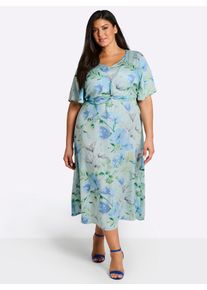 sheego Dames Bloemenjurk met vleermuismouwen en knoopdetail in kalkmint/bleu bedrukt ,maat 52, Witt, 100% Modal