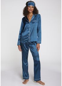 Pyjama s.Oliver, Damen, Gr. 46, dunkelgr&uuml;n, Webqualit&auml;t, Obermaterial: 95% Polyester, 5% Elasthan, unifarben mit Farbeinsatz, regular fit lang, V-Ausschnitt, Manschette, Homewear-Sets Pyjama, Mit sch&ouml;ner Schlafmaske