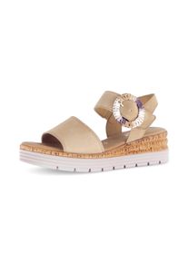 Keilsandalette Gabor "GENUA", Damen, Gr. 42, Textil, beige (sand), Ziegenveloursleder, unifarben, Schuhe Keilsandalette, Sommerschuh, Riemchensandale, Komfortschuh in Weite G (=weit)