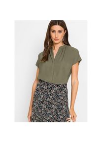 bonprix, Damen, Kurzarmbluse Oversize Passform, mit V-Ausschnitt, mit Umlegekragen, oliv, 36, Mit kurzem Arm f&uuml;r angenehmen Tragekomfort an warmen 