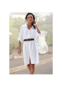 Lascana, Damen, Longbluse aus leichter Webware mit Leinenanteil, luftiges Blusenkleid, wei&szlig;, 46, 3/4-&Auml;rmel mit Riegel und Knopf