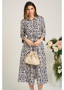 Rochie office din viscoza cu imprimeu bleumarin-bej si cordon in talie