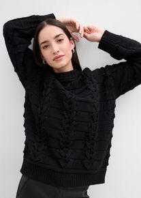 bonprix Femei Pulover din tricot cu ochiuri mari și model cu torsade, negru, 44/46